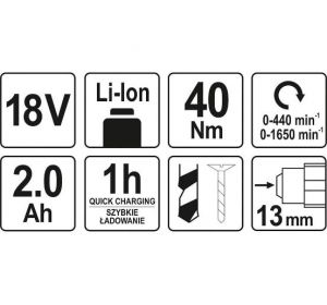 Cordless Drill-Driver 13mm 18V w/1 x 2.0Ah Battery & Quick Charger Color Box Yato Brand YT-82780