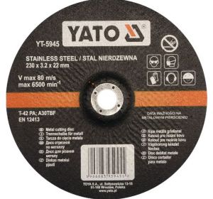 Inox Metal Cutting Disc 230 x 22 x 3.2mm Depressed Center Yato Brand YT-5945